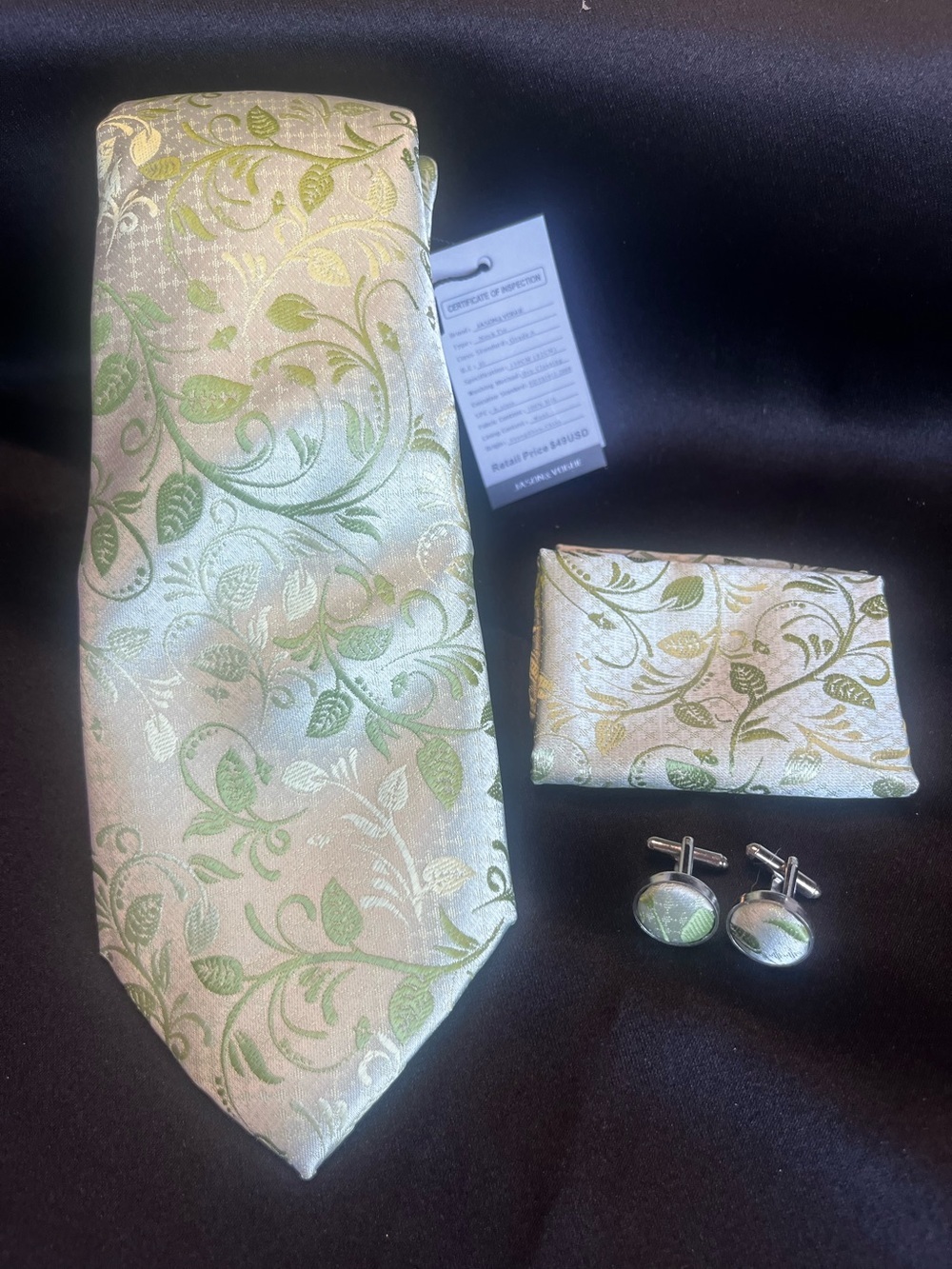 Men's Light Green Floral Tie Set with Pocket Square and Cufflinks